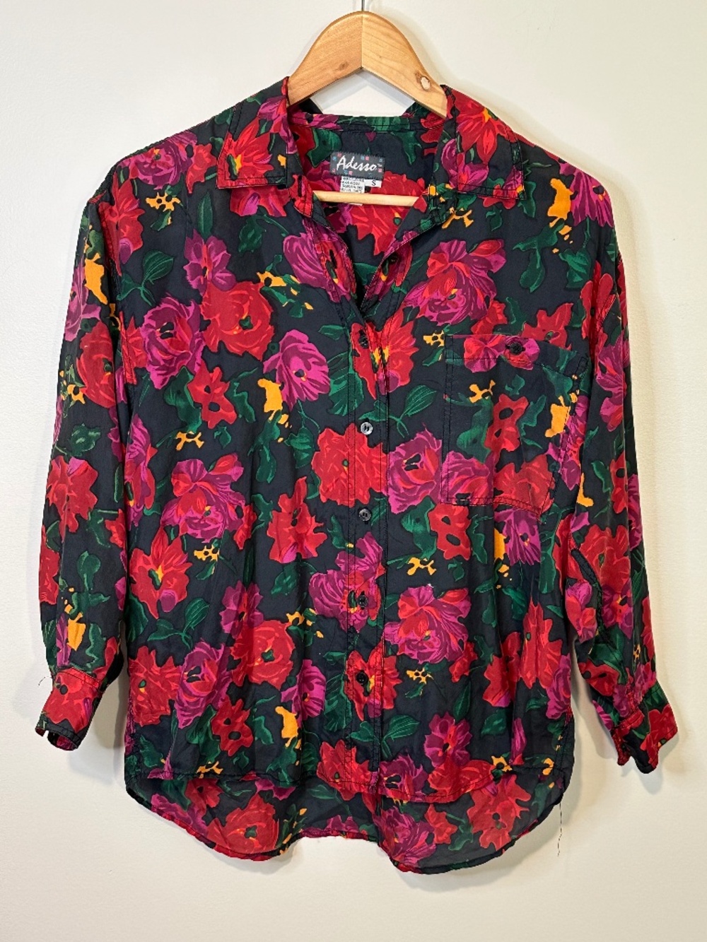 90s vintage red and fuchsia floral print silk button blouse Medium Large Womens